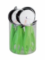 ⁦قطاعة بيتزا ستانلس بمسكة اخضر كريستال عرض كانيستر⁩ - الصورة ⁦2⁩