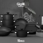 طقم تيتانيوم 15 ق حلة 28 سم بغطاء تيتانيوم Gigilli / Black